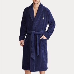 Polo Ralph Lauren Men’s Bathrobe Navy Terrycloth OS (fits L) w/ Belt Pockets